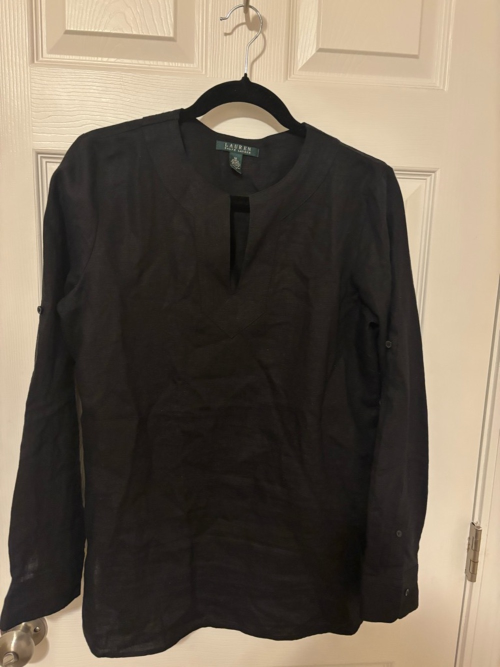 Ralph Lauren Black Long-Sleeve Split-Neck Pullover 100% Linen